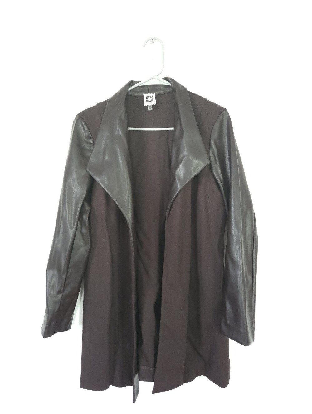 Anne Klein Faux Leather Sleeve Open Front Coatigan - Brown
